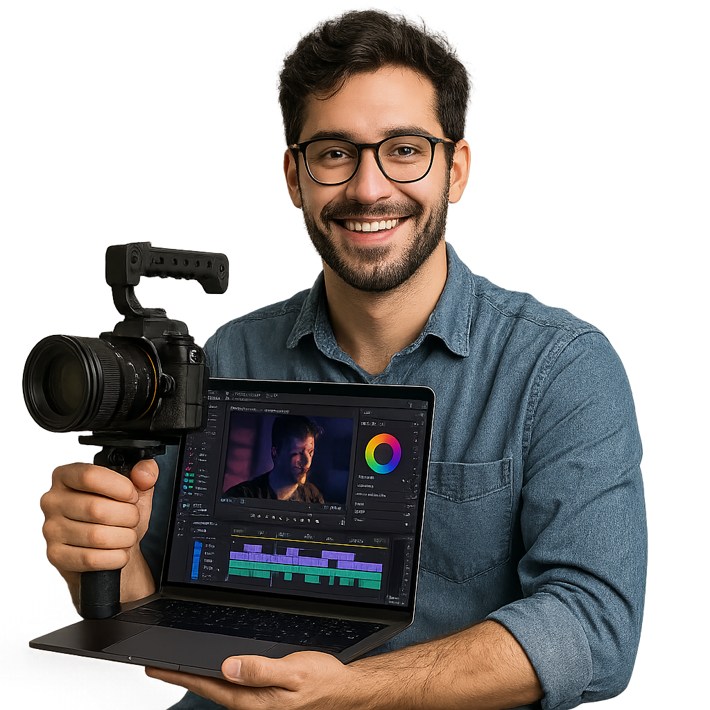 Video professional with camera and editing software